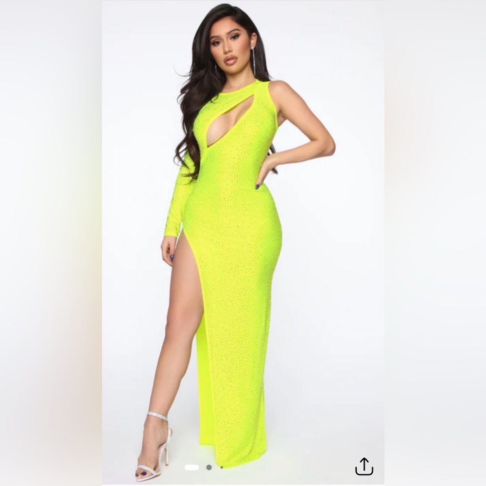 Fashion Nova Neon Lime One-Shoulder Cutout Maxi Dress